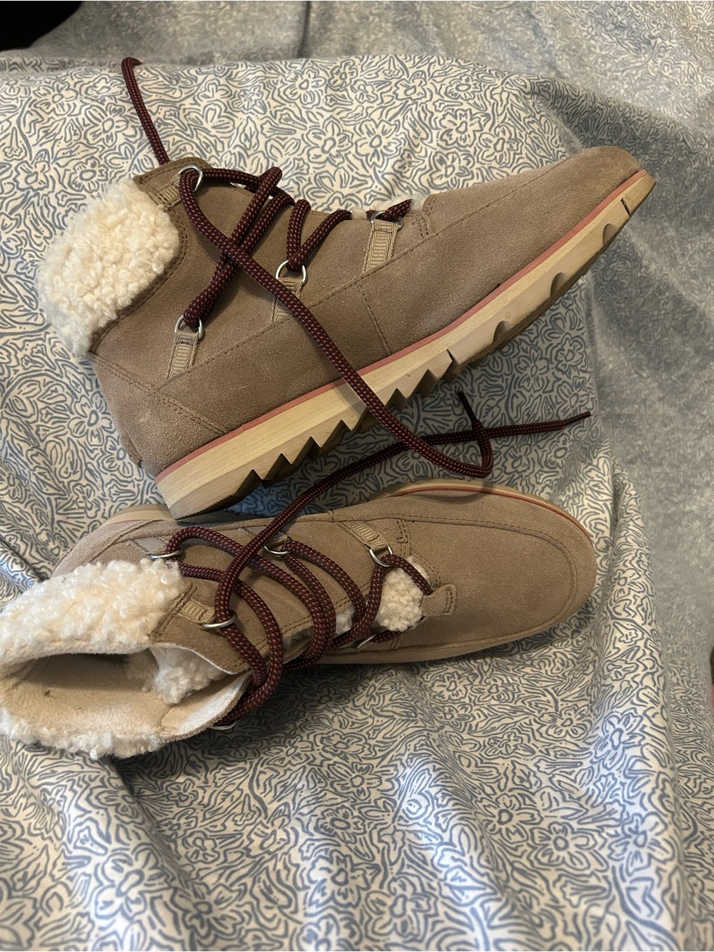 Sorel Taupe Suede Winter Ankle Boots with Burgundy Laces